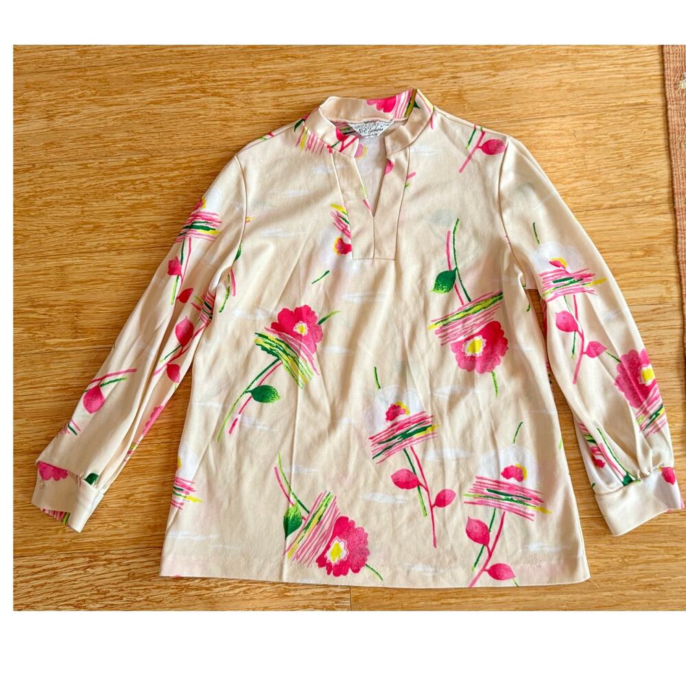 VTG 1970s NPC Fashions Penn Womens M/L Polyester Long Sleeve Floral Blouse